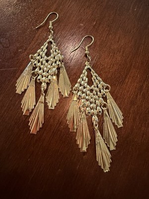 Gold Tone Chandelier Fringe Earrings Layered Fan Tassel Dangle Statement 