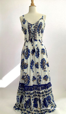 NWT Me 2 Magic Anthropologie Maxi Dress 3X Ivory Blue Gold Lace Up Corset Boho