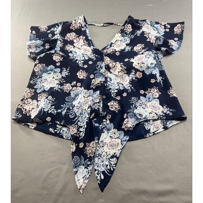 Love Fire Women s Floral Tie Front Blouse Navy Pink Blue Flutter Sleeve Top M