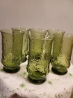 SALE! WAS 42 VTG MCM 6PC ANCHOR HOCKING 12OZ GREEN TUMBLERS PTRN- RAINFLOWER
