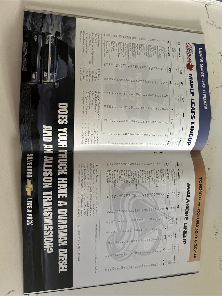 Toronto Maple Leafs Game Program March 20, 2004 Vs Colorado Avalanche
