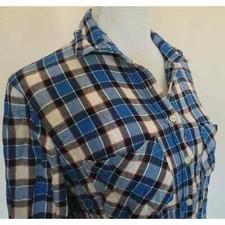 Women's Flannel Shirt Top Size M  Blue White Checks  Long Sleeve  Button up