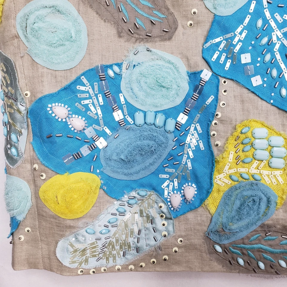 Lafayette 148 Straight Skirt Size 10 Beige Linen Blue Yellow Silk Leaves Beaded - Image 3 of 4