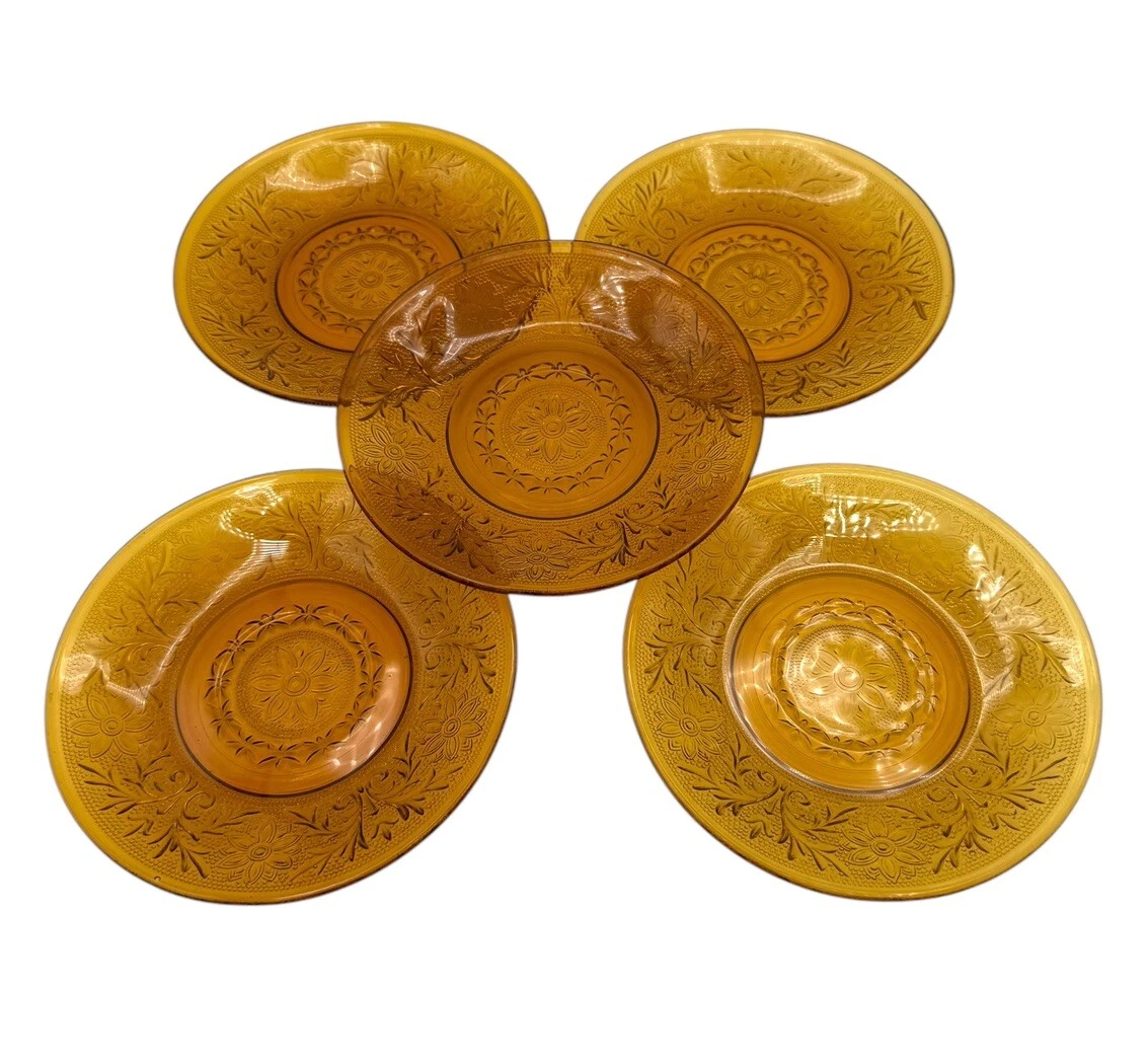 Tiara Indiana Glass Amber Sandwich Saucer Plates Flower Pattern - Set Of 5
