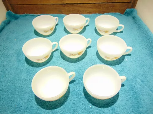 8 Vintage Anchor Hocking Fire King Milk Glass Tea Coffee Cup Wheat 