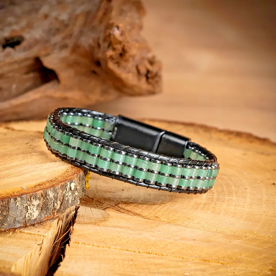 6,7» зеленый авантюрин кристалл кожаный браслет из нержавеющей стали магнитная застежка - Изображение 2 из 4