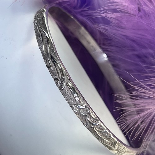 Vintage 0.925 Sterling Silver FLORAL 8 1/2" x 1/4" Bangle Bracelet - Picture 4 of 7
