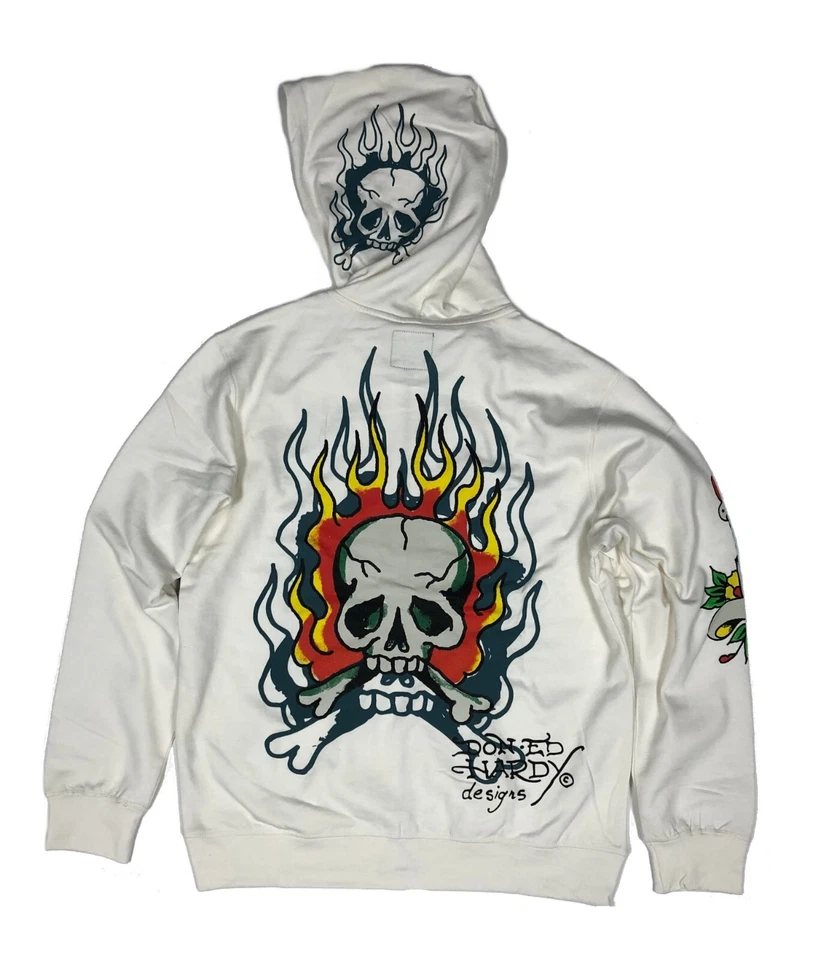 Sudadera con Capucha Ed Hardy Calavera Llama Para Hombre Cremallera Color: Marfil Estilo: EHM1301-45 Foto 2 de 2