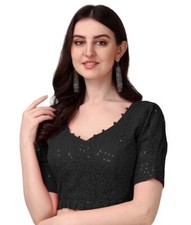 Women's Georgett Lucknowi Embroidery Puff Sleeve Tie UP Blouse Lucknowi Tie 