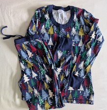 Hanna Andersson Women's S/M Long John Pajama Set Twinkly Trees On Navy EUC