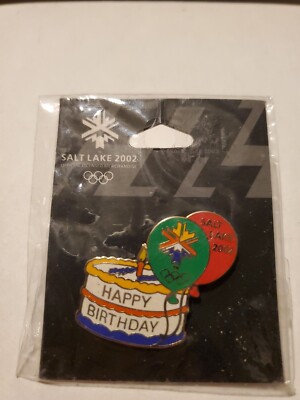 Vintage Salt Lake City 2002 Winter Olympic Games Pin Birthday Cake Balloons 