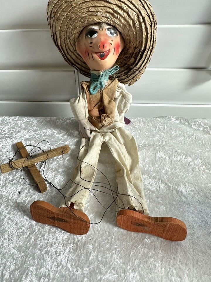 Vintage Mexican Marionette String Puppet Man Sombrero Folk Art Paper ...
