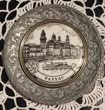 Vintage Black/White Porcelain Waterfront of Passau Germany Round Mini Wall Decor
