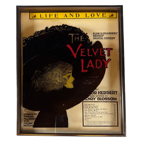 The Velvet Lady "Life And Love" Sheet Music Cover 1919 Musical frame w glass