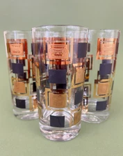 4 Mid Century Gold Plaid Black Square Greek Image Highball Glasses Flat Tumblers