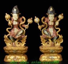 26.7''Old Dynasty Natural Hetian Jade Gold Fengshui Zhong kui Statue Pair