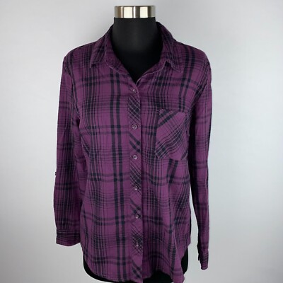 Time & Tru Womens Small S Purple Black Metallic Threaded Plaid Button Down Shirt