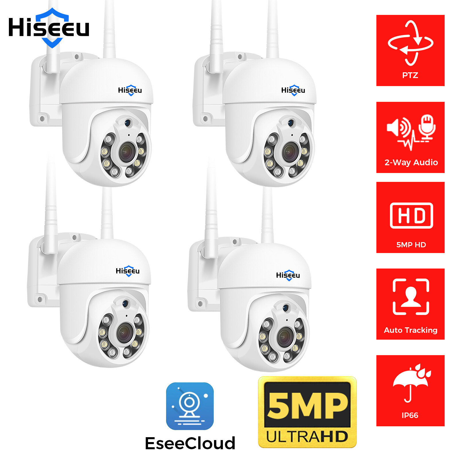 4PCS/Lot Hiseeu PTZ Security Wifi Camera with 2-Way Audio CCTV Camera Outdoor