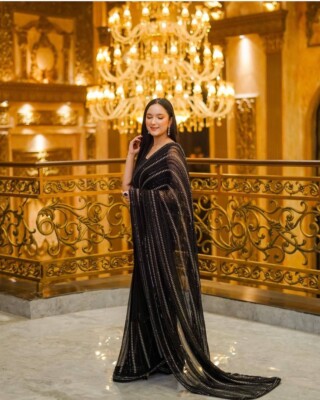 Gorgeous Black Georgette Saree With Banglori Satin Blouse For Wedding