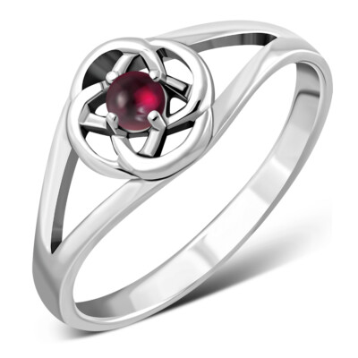 Sterling Silver Celtic Knot Ring With Simulated Garnet - Size 6, 925 Silver Band