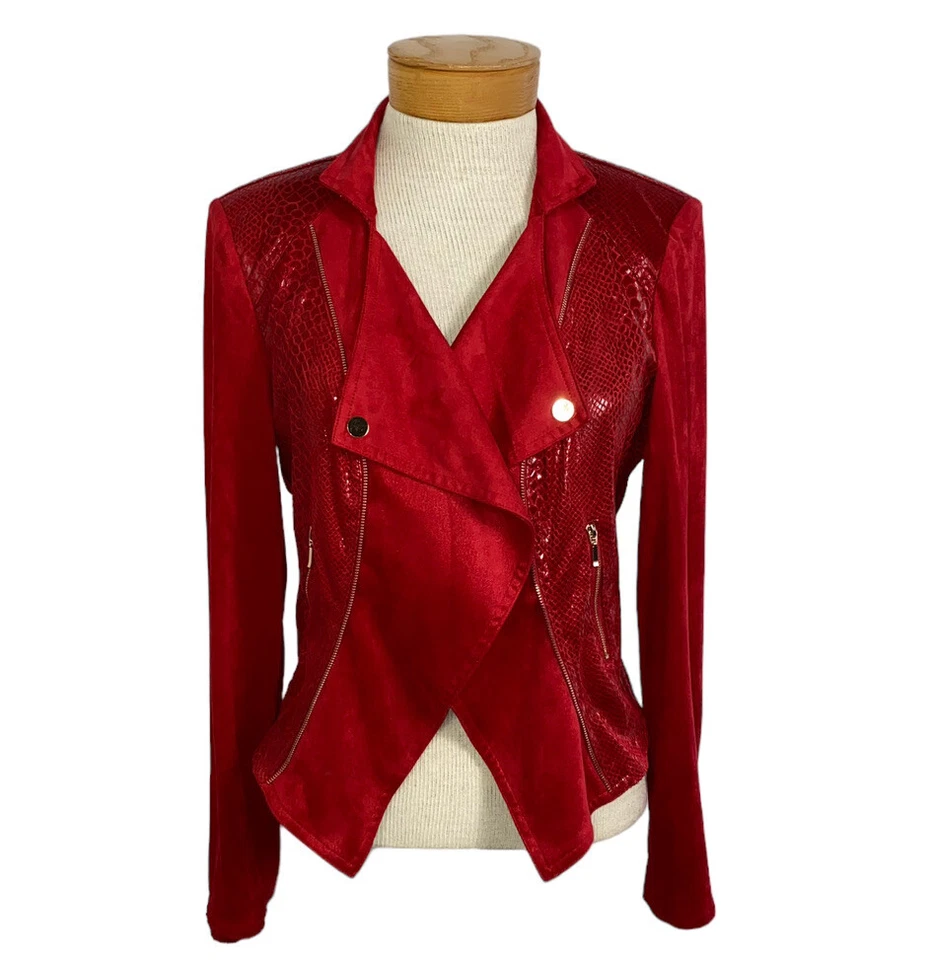 Chaqueta THALIAN Talla 4 Cremallera Acento Piel de Serpiente Ultra Gamuza Roja Años 80 Glam Rock, Motociclista Foto 2 de 4