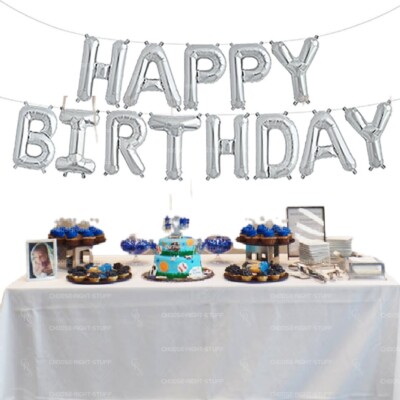 Silver Happy Birthday Bunting Banner Balloons 18/21st/30/40/50 Party Decor