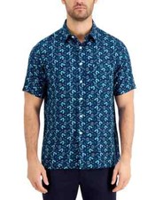 TASSO ELBA Men Cellula Tile Printed Button Short Sleeve Shirt Top Blue SZ XL 65
