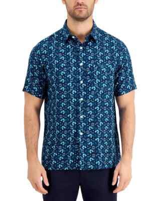 TASSO ELBA NEW Men Cellula Tile Printed Front Button Shirt TOP Blue Size XXL $65