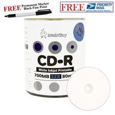 100 Smartbuy 52X CD-R 700MB White Inkjet Printable Disc Black Permanent Marker