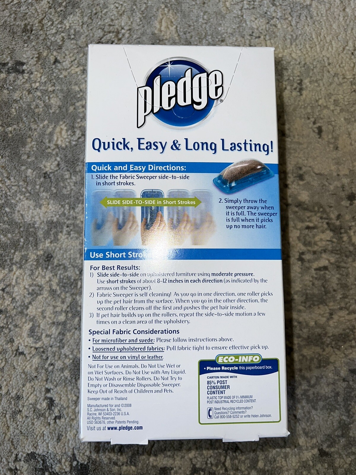 (1) Pledge Fabric Sweeper For Pet Hair Remover Multi Use Disposable