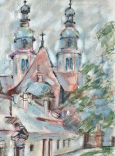 Romania Church City View Sonja Deserts East German Art Pastel - Picture 1 of 2