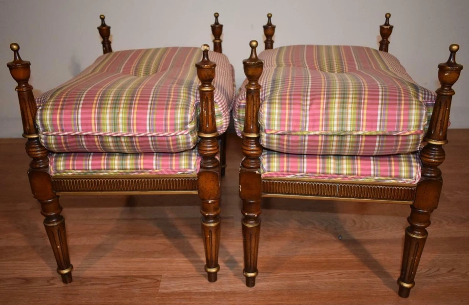 Antiguo par de bancos de madera frutal estilo Luis XVI 1920/tapizado nuevo Foto 4 de 4