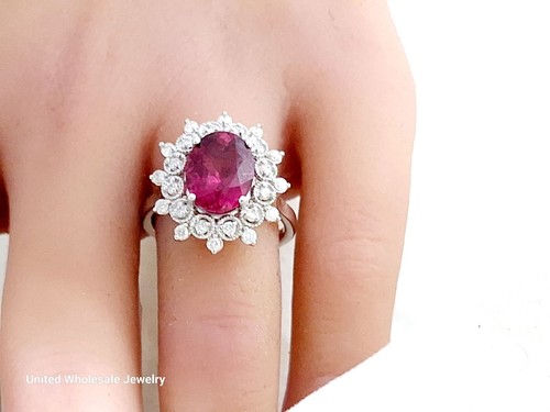 4.19Ct Genuine Mined Pink Tourmaline And Diamond Ring In Solid 14K White Gold - Picture 4 of 15