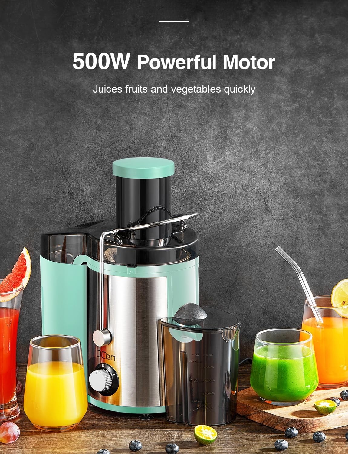 QCEN Juicer Machine 800W Centrifugal Juicer Extractor w/ 3&rdquo; Mouth KS-500H - Aqua