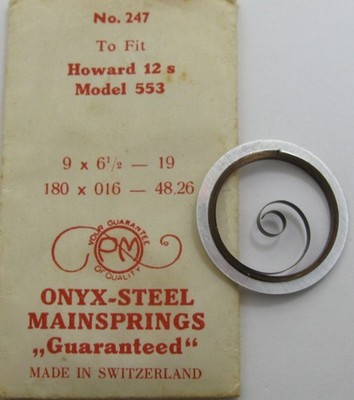 Howard 12s watch model 553 T end Mainspring 1 piece brown / blue alloy O-S #247