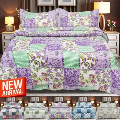 SHOP-DIRECT-24 3 PCS Patchwork Bedspread Quilted Bed Throw Single Double King Size Bedding Set