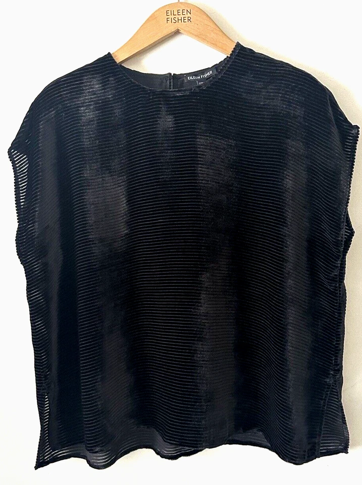 $258 Eileen Fisher Women's M Black Textured Illusion-Stripe Velvet Top New - Image 2 of 4