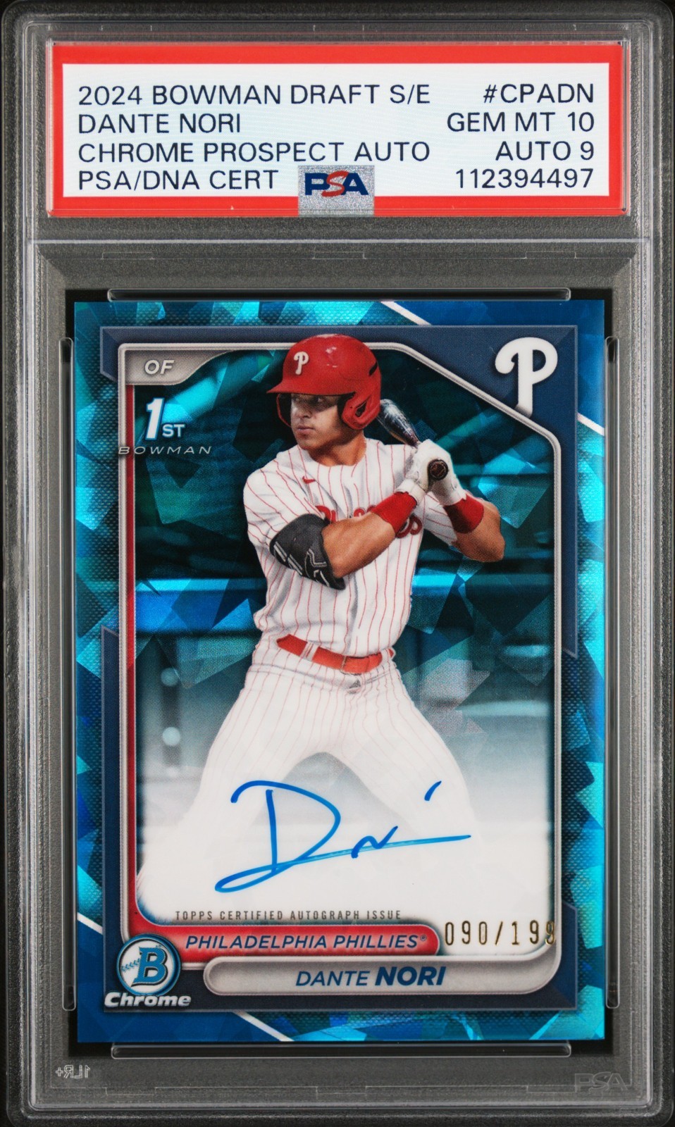 2024 Bowman Draft # CPADN Dante Nori RC 1st Chrome Sapphire Auto /199 PSA 10
