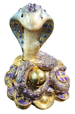 Cobra Snake Serpent Hinged Trinket Box Gold Tone Treasure Purple Blue Crystals