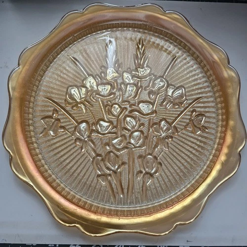 Vtg 11.5" Marigold Carnival  Glass Irridescent Iris & Herringbone Plate Tray