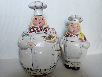 Set Of Two Canisters Cookie Jars Female Chef Porcelain White Vintage