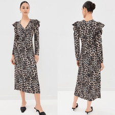 Farm Rio Leopard Print Puff Shoulder Midi Dress Long Sleeve V-Neck NWT Small