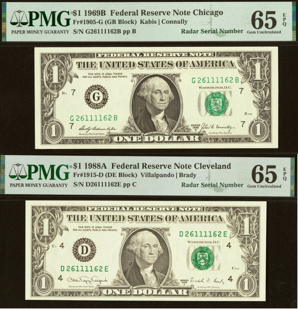 2 Matching Radar Serial Numbers - 1969B & 1988A $1 FRN PMG 65EPQ