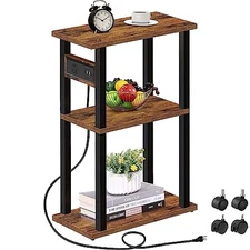  Small Narrow Side Table with Charging Station, Skinny End 1 PC Brown With Plug