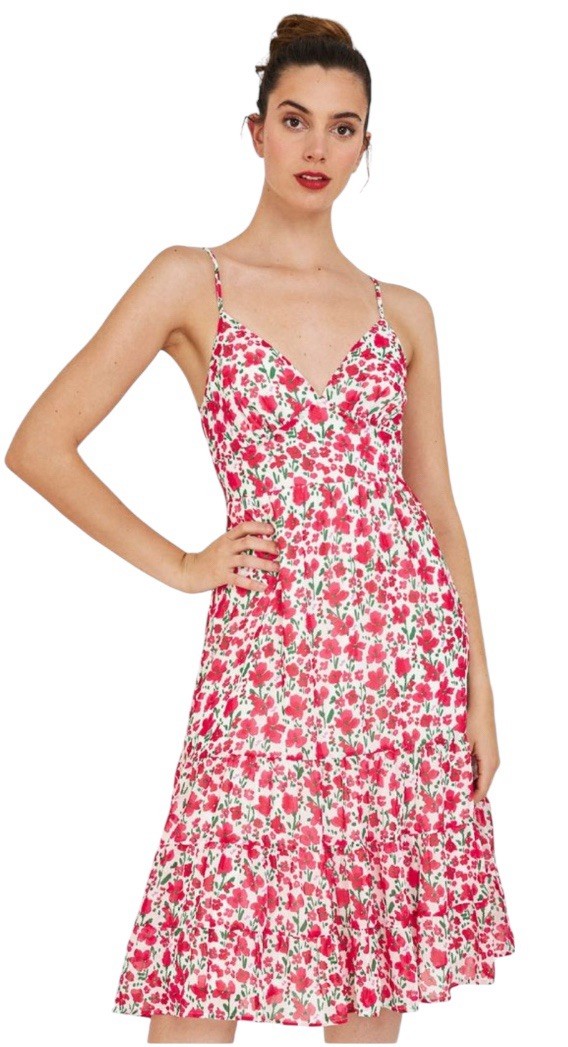 B.DARLIN MARITZA MIDI FLORAL DRESS BOW ON THE BACK ADJUSTABLE STRAPS WHITE/RED S
