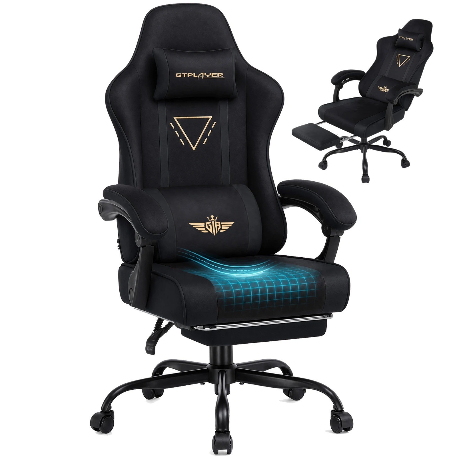 Fabric Gaming Chair with Footrest Pocket Spring Cushion High Back Home Office