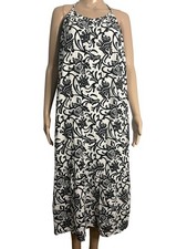 LOFT Women's Black White Floral Halter Midi Dress Sleeveless Flowy Summer Sz PM