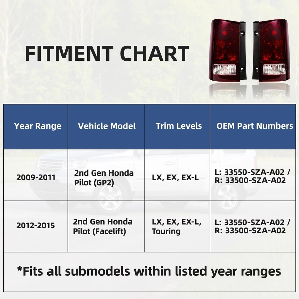 Tail lights for 2009-2015 HONDA PILOT; Dark Red Lens;NO bulbs — 第 2/4 张图片