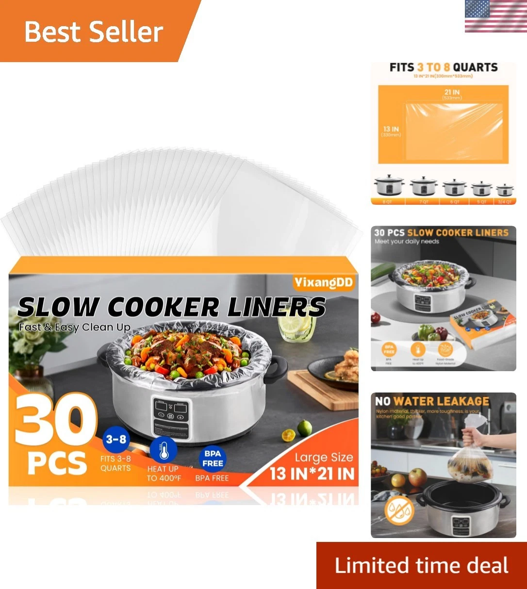 30 Pack Slow Cooker Liners, Large Size 13"x 21" Cooking Bags Disposable Pot L...
