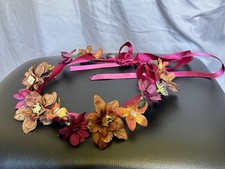 Floral Crown Hair Wreath  Burgundy Autumn Colors  Headband with Adjustable Ribbon